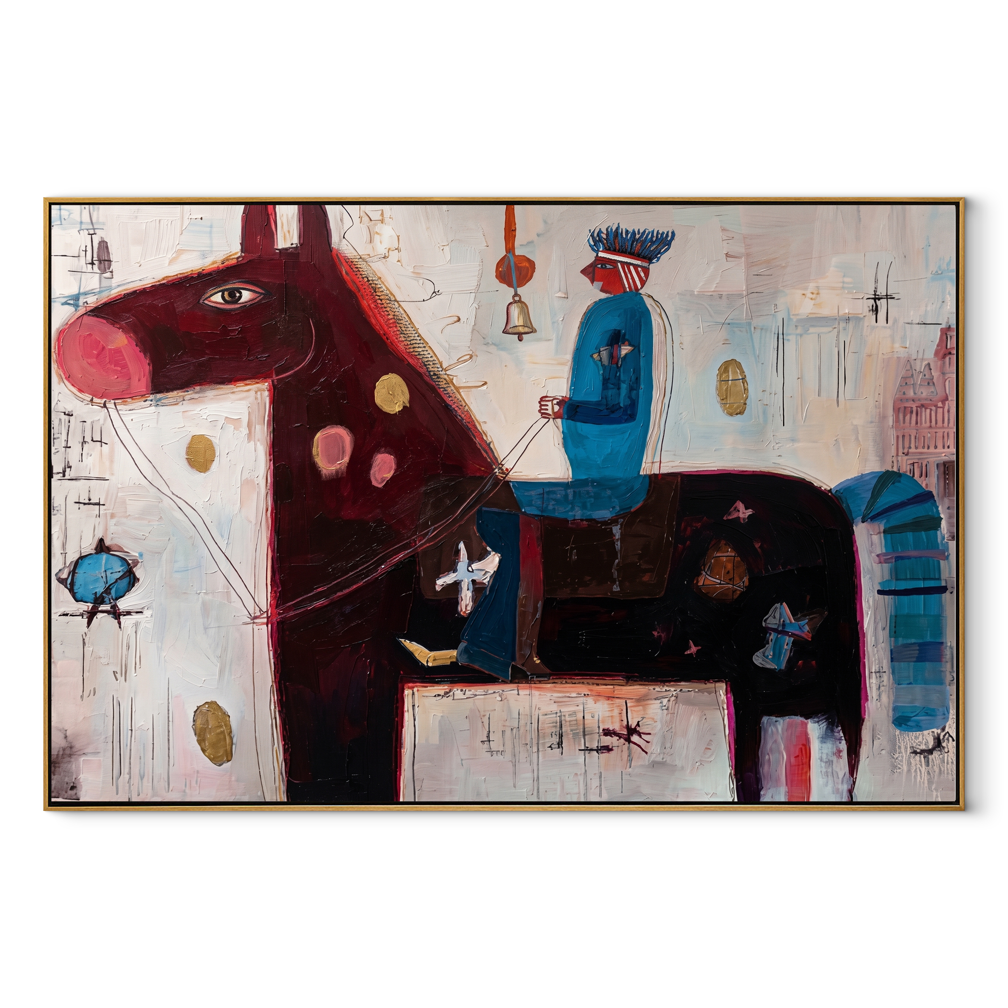 Blue Rider Guards Burgundy - abstract burgundy horse painting by Isabelle Laurent, modern Western horizontal wall art – wood frame on white background