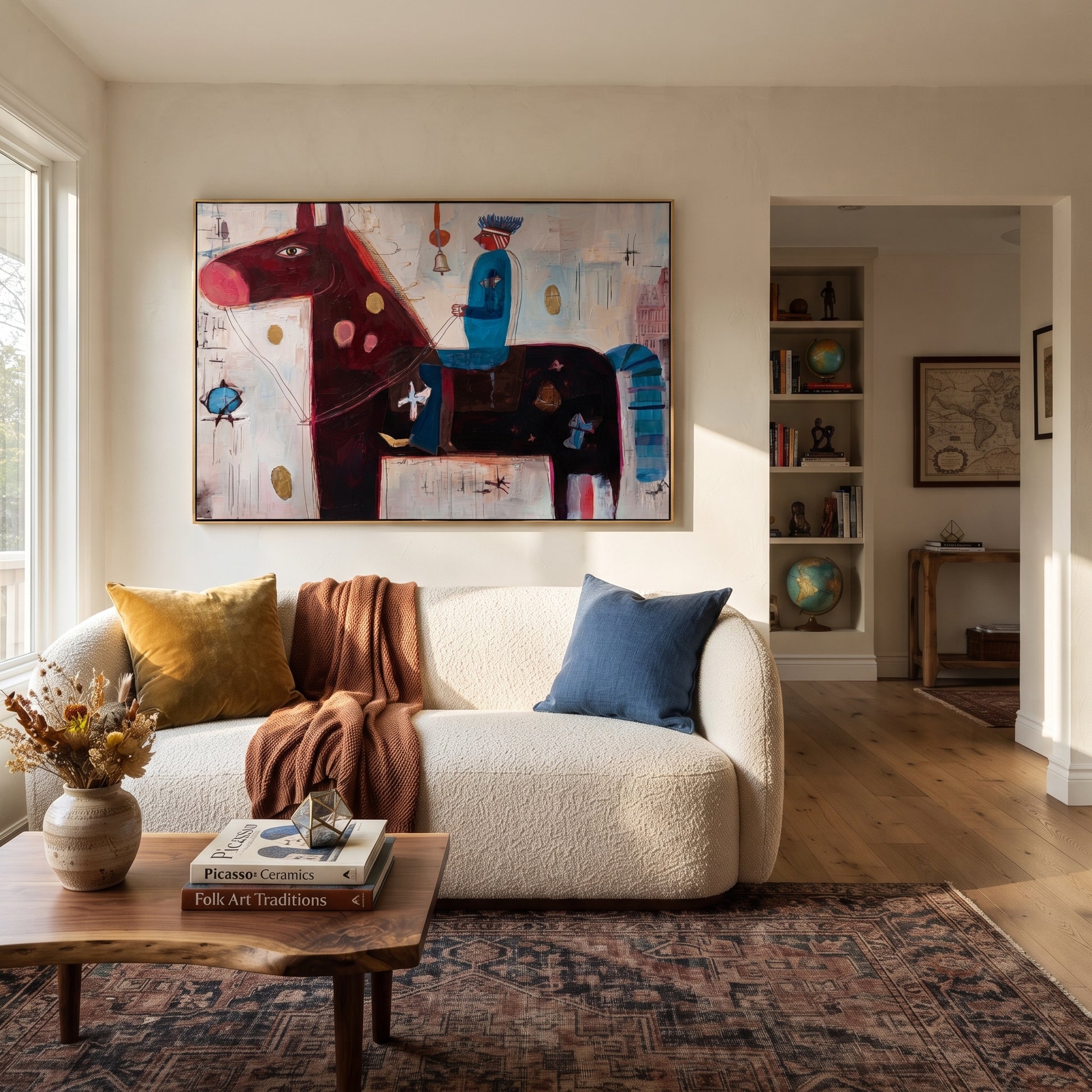 Blue Rider Guards Burgundy - abstract burgundy horse painting by Isabelle Laurent, modern Western horizontal wall art – styled room scene view 2