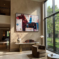 Blue Rider Guards Burgundy - abstract burgundy horse painting by Isabelle Laurent, modern Western horizontal wall art – styled room scene view 3