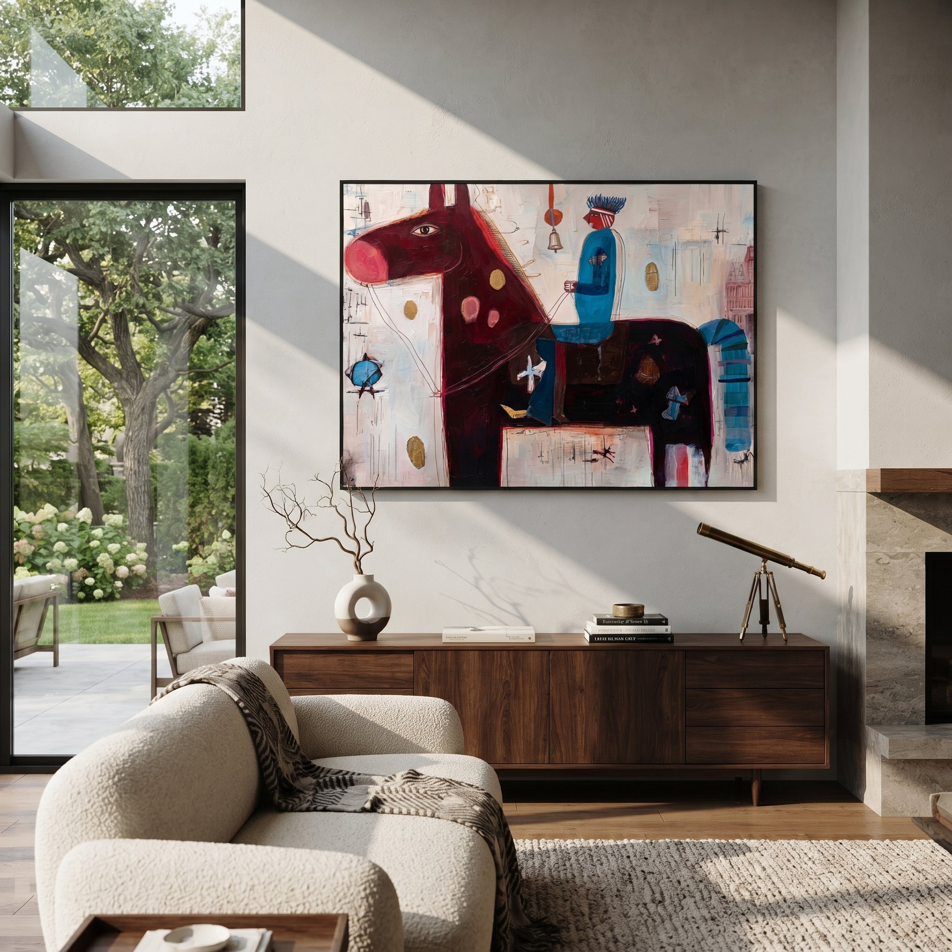 Blue Rider Guards Burgundy - abstract burgundy horse painting by Isabelle Laurent, modern Western horizontal wall art – styled room scene view 4