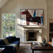 Blue Rider Guards Burgundy - abstract burgundy horse painting by Isabelle Laurent, modern Western horizontal wall art – styled room scene view 5