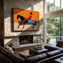 Red Boots Chase Orange - reclining horse rider painting by Isabelle Laurent, modern Western horizontal wall art – styled room scene view 1