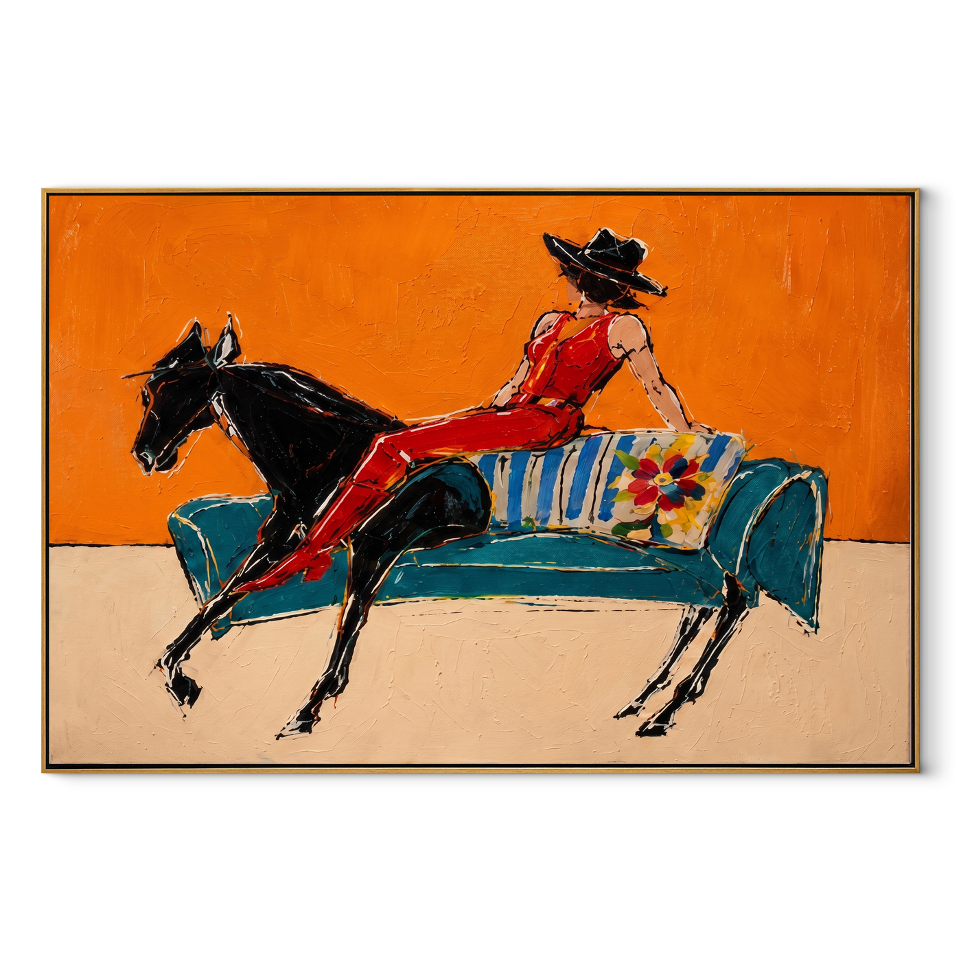 Red Boots Chase Orange - reclining horse rider painting by Isabelle Laurent, modern Western horizontal wall art – wood frame on white background