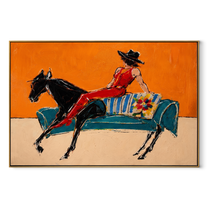 Red Boots Chase Orange - reclining horse rider painting by Isabelle Laurent, modern Western horizontal wall art – wood frame on white background