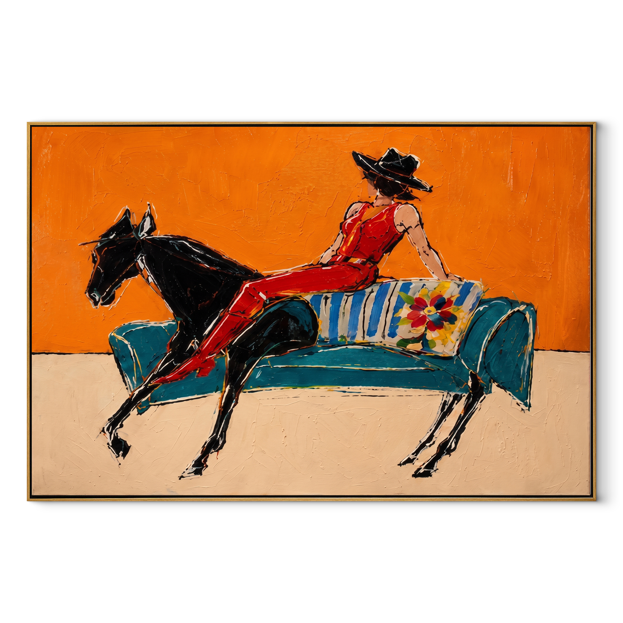 Red Boots Chase Orange - reclining horse rider painting by Isabelle Laurent, modern Western horizontal wall art – wood frame on white background
