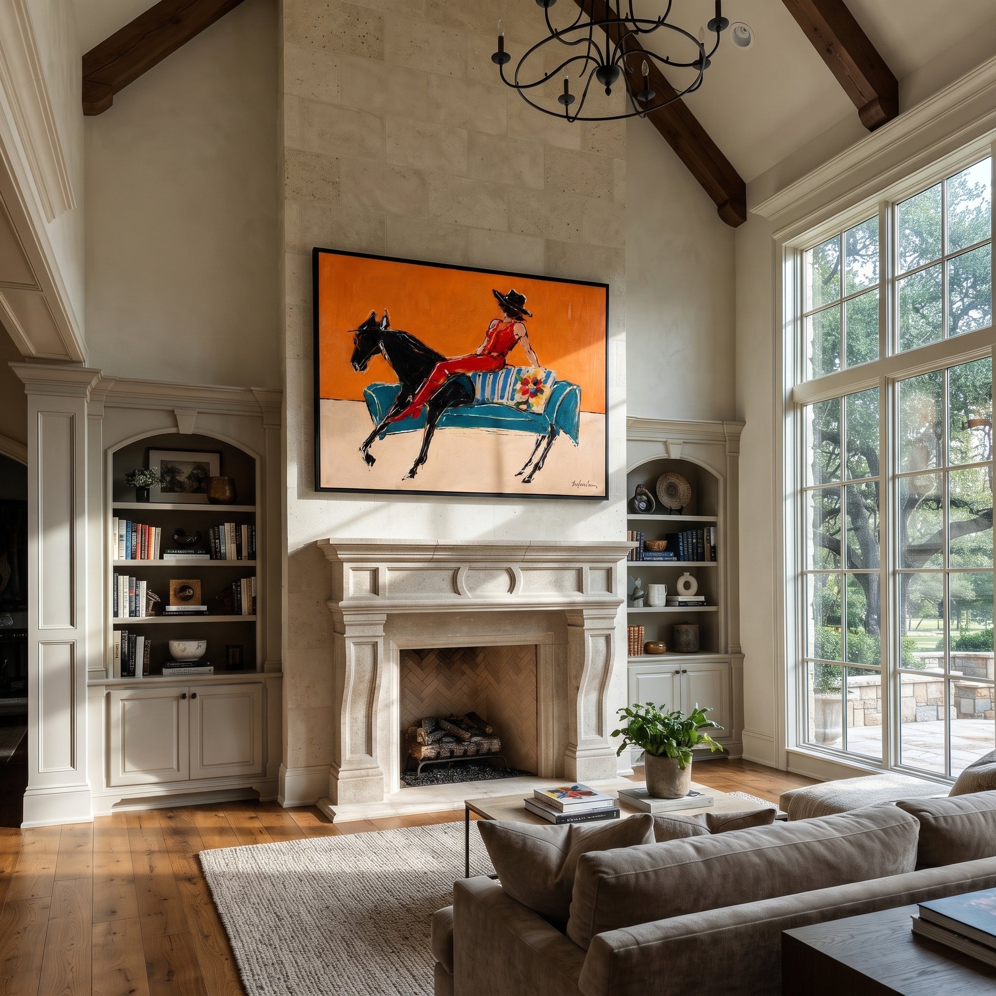 Red Boots Chase Orange - reclining horse rider painting by Isabelle Laurent, modern Western horizontal wall art – styled room scene view 2