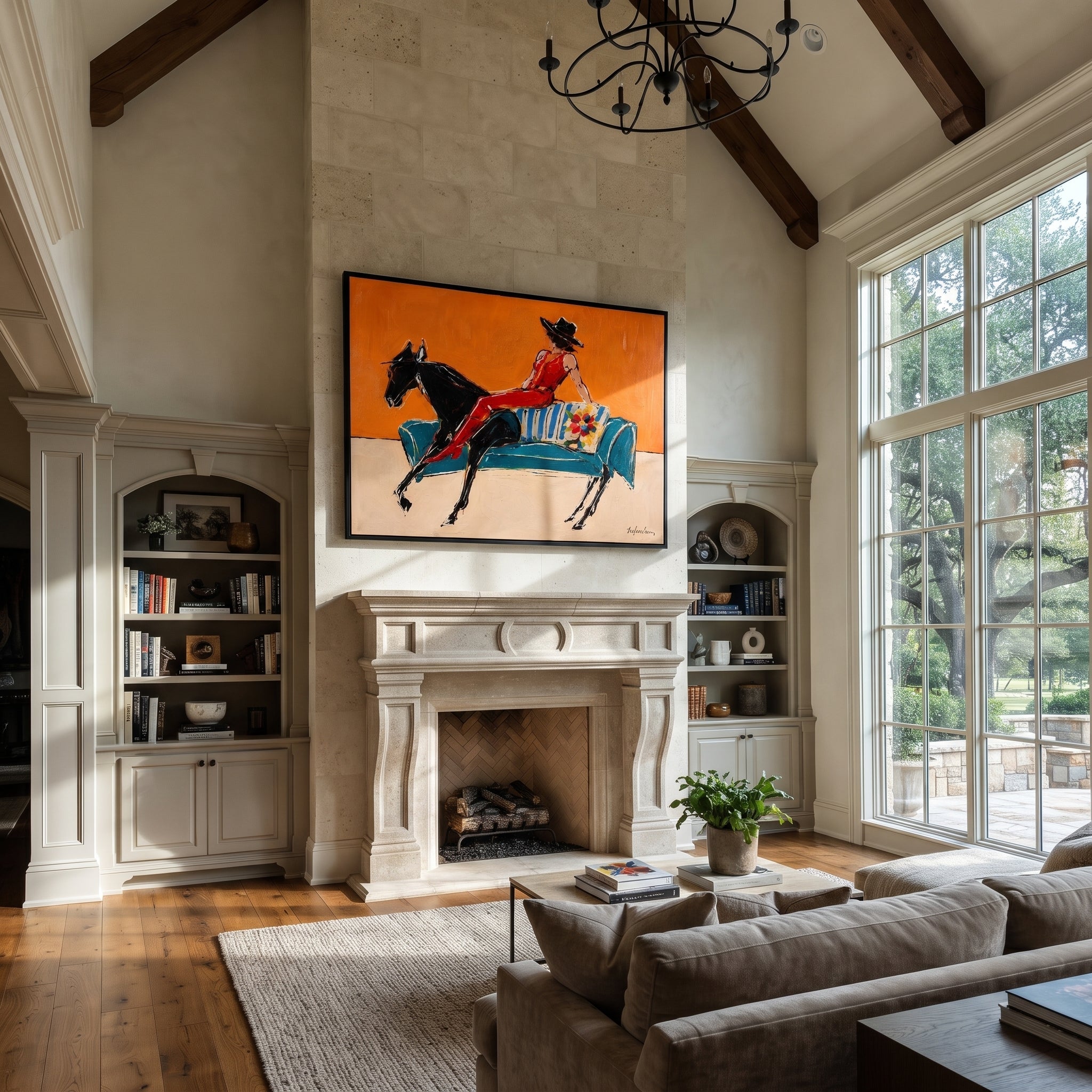 Red Boots Chase Orange - reclining horse rider painting by Isabelle Laurent, modern Western horizontal wall art – styled room scene view 2