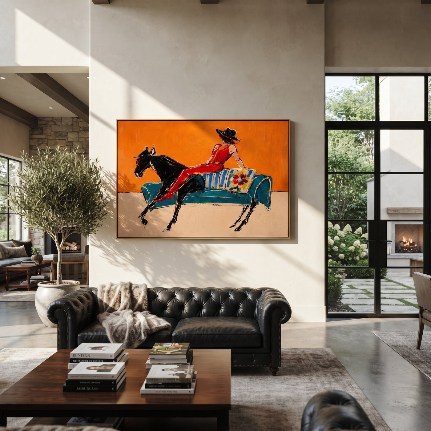 Red Boots Chase Orange - reclining horse rider painting by Isabelle Laurent, modern Western horizontal wall art – styled room scene view 3