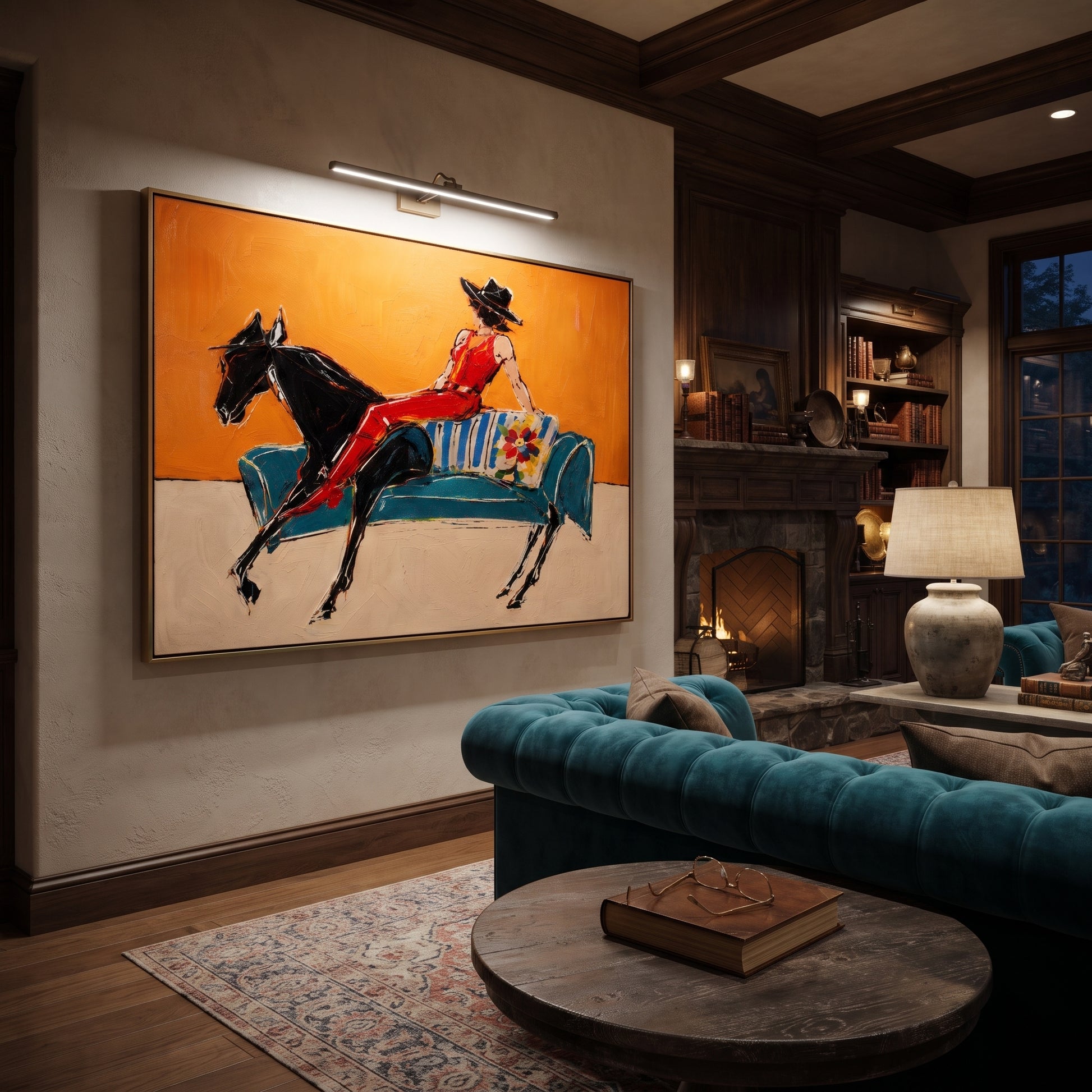 Red Boots Chase Orange - reclining horse rider painting by Isabelle Laurent, modern Western horizontal wall art – styled room scene view 4