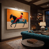 Red Boots Chase Orange - reclining horse rider painting by Isabelle Laurent, modern Western horizontal wall art – styled room scene view 4