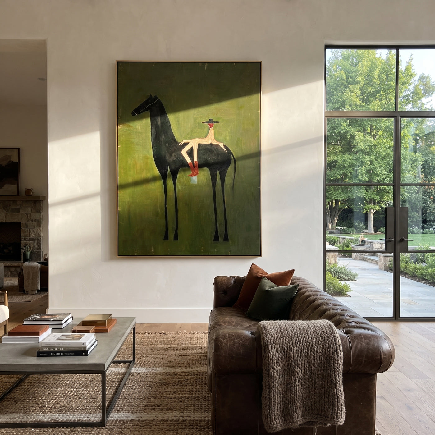 Small Rider Measures Green - tall black horse painting by Isabelle Laurent, modern Western vertical wall art – styled room scene view 1