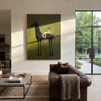 Small Rider Measures Green - tall black horse painting by Isabelle Laurent, modern Western vertical wall art – styled room scene view 1