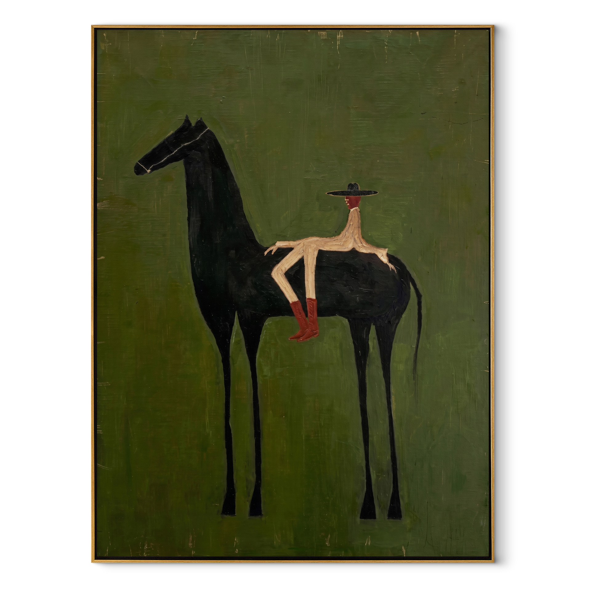 Small Rider Measures Green - tall black horse painting by Isabelle Laurent, modern Western vertical wall art – wood frame on white background