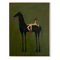 Small Rider Measures Green - tall black horse painting by Isabelle Laurent, modern Western vertical wall art – wood frame on white background