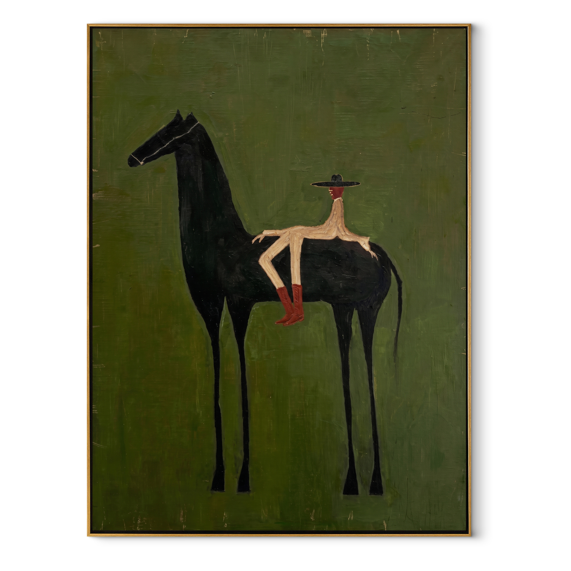 Small Rider Measures Green - tall black horse painting by Isabelle Laurent, modern Western vertical wall art – wood frame on white background