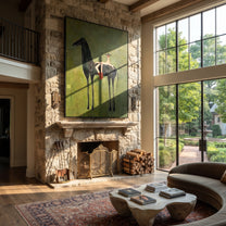 Small Rider Measures Green - tall black horse painting by Isabelle Laurent, modern Western vertical wall art – styled room scene view 2