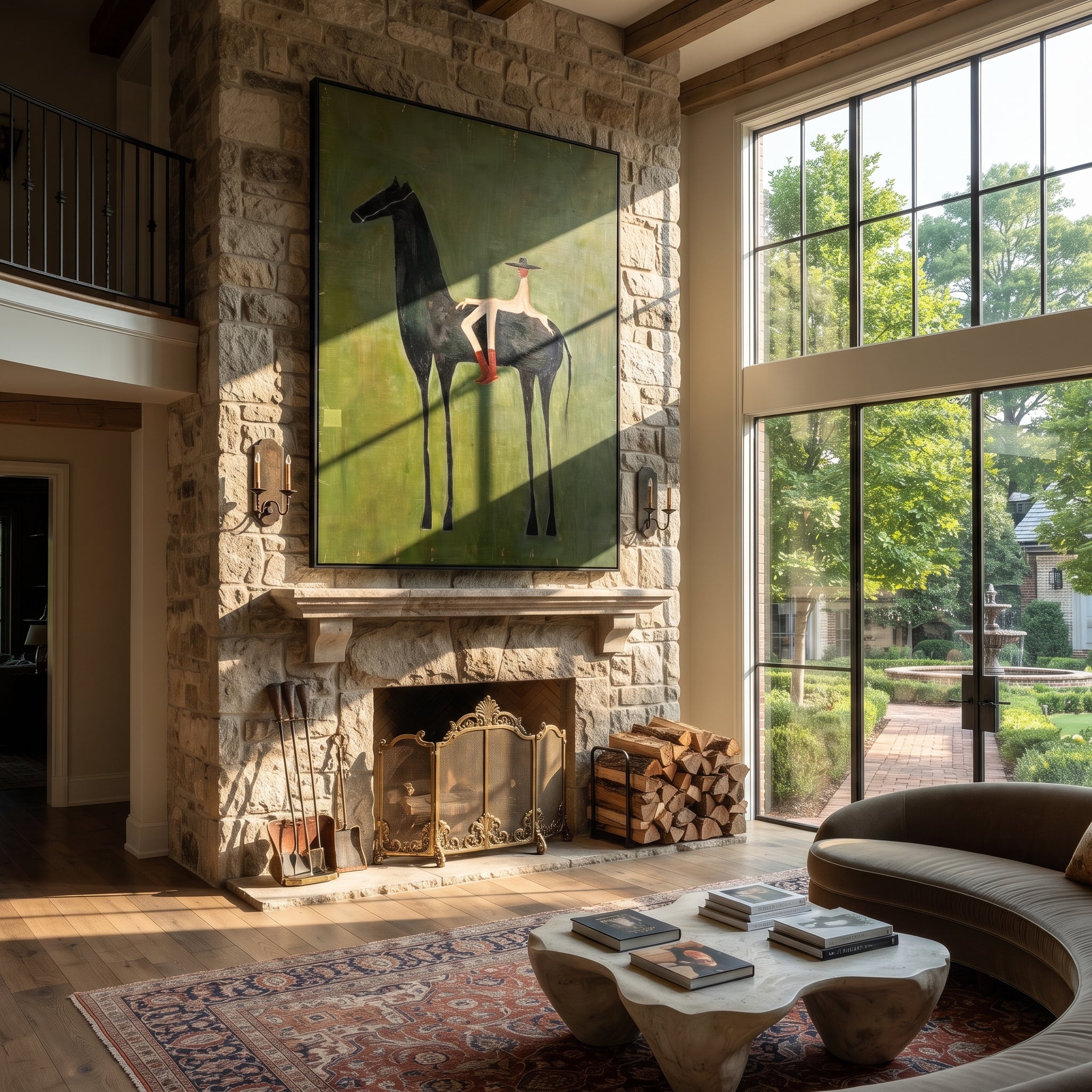 Small Rider Measures Green - tall black horse painting by Isabelle Laurent, modern Western vertical wall art – styled room scene view 2