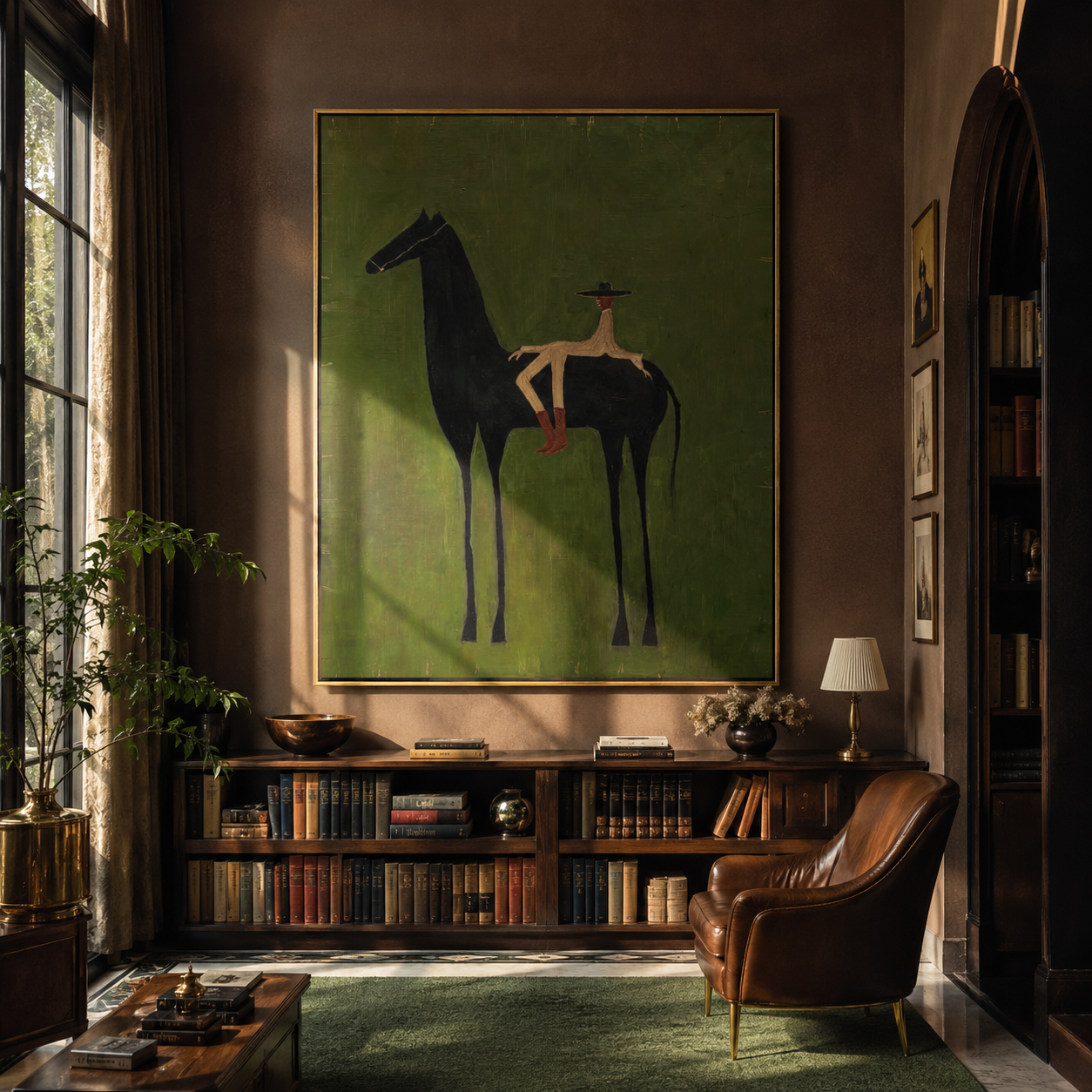 Small Rider Measures Green - tall black horse painting by Isabelle Laurent, modern Western vertical wall art – styled room scene view 3