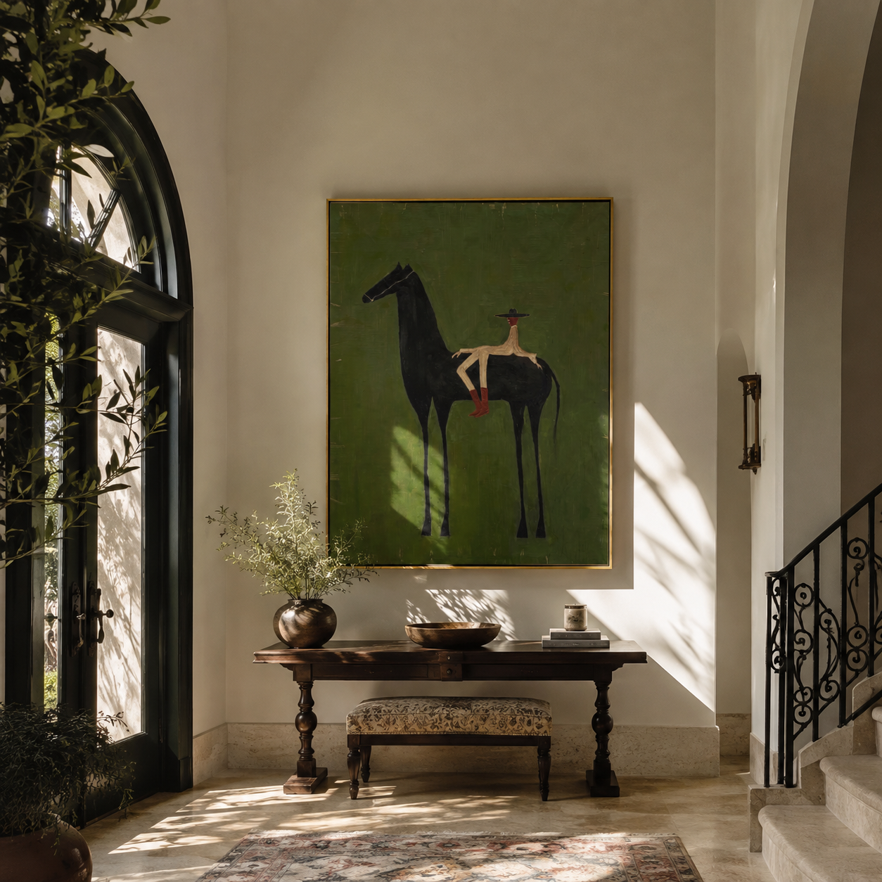 Small Rider Measures Green - tall black horse painting by Isabelle Laurent, modern Western vertical wall art – styled room scene view 4