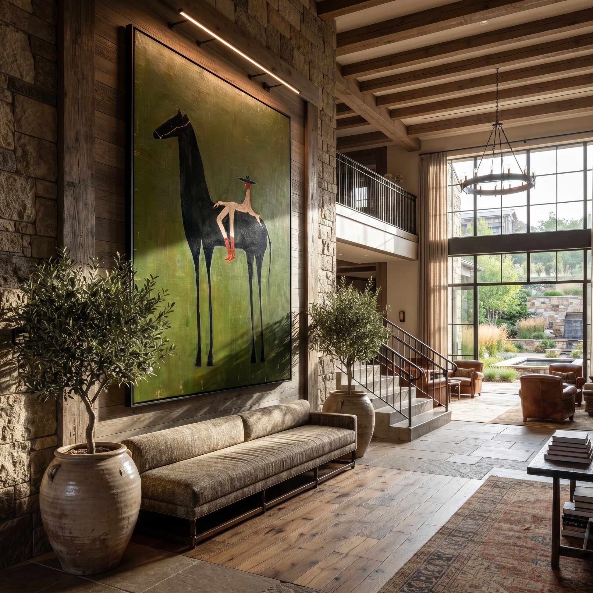 Small Rider Measures Green - tall black horse painting by Isabelle Laurent, modern Western vertical wall art – styled room scene view 5