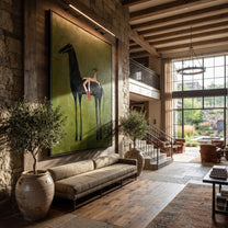 Small Rider Measures Green - tall black horse painting by Isabelle Laurent, modern Western vertical wall art – styled room scene view 5