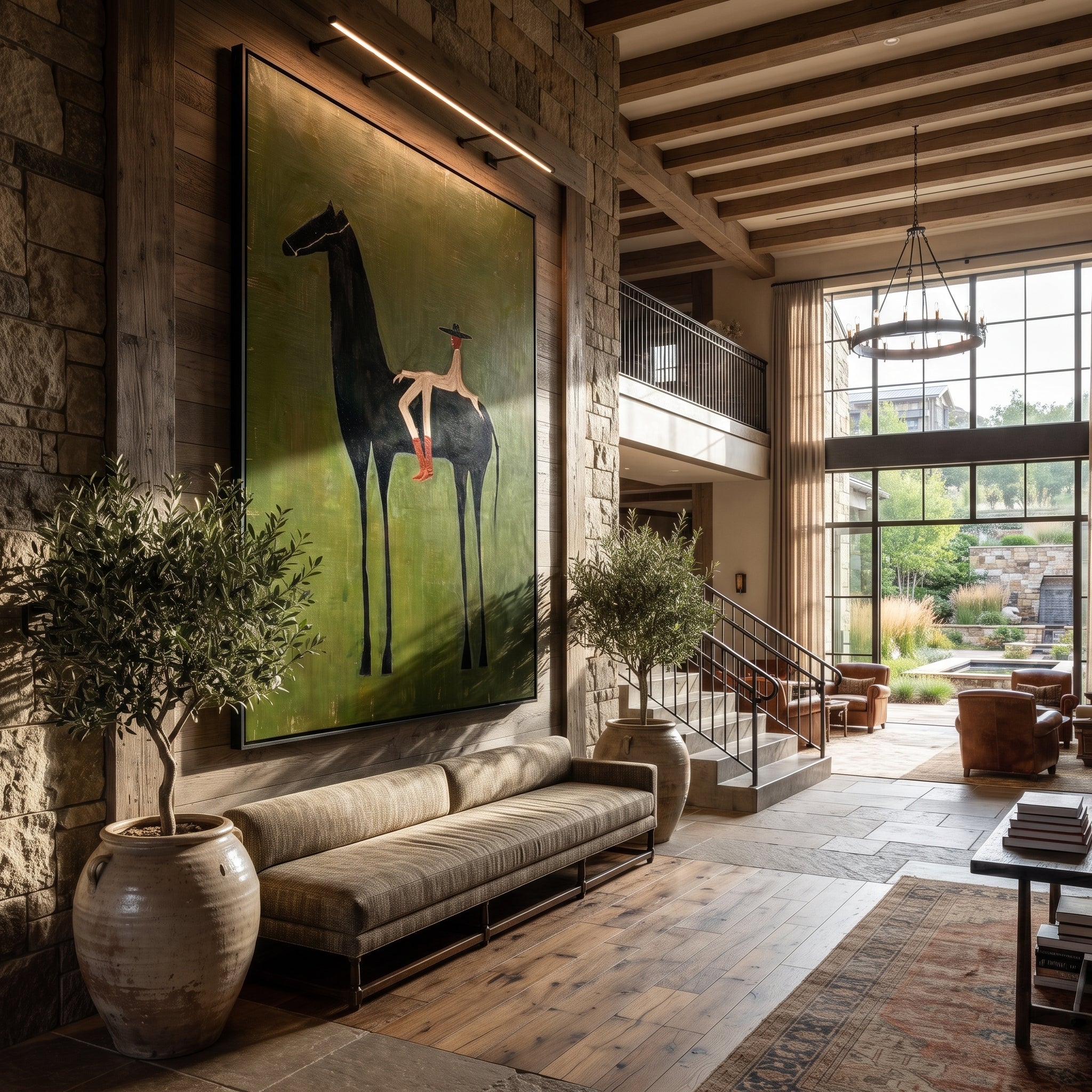 Small Rider Measures Green - tall black horse painting by Isabelle Laurent, modern Western vertical wall art – styled room scene view 5