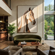 Two Profiles Share Breath - modern horse head portrait by Isabelle Laurent, modern Western vertical wall art – styled room scene view 1