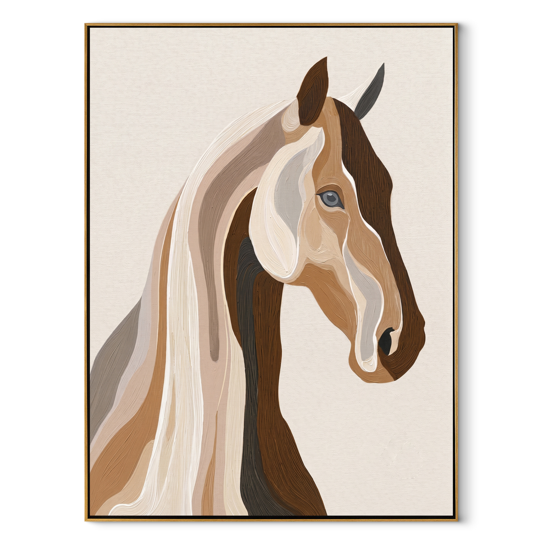 Two Profiles Share Breath - modern horse head portrait by Isabelle Laurent, modern Western vertical wall art – wood frame on white background