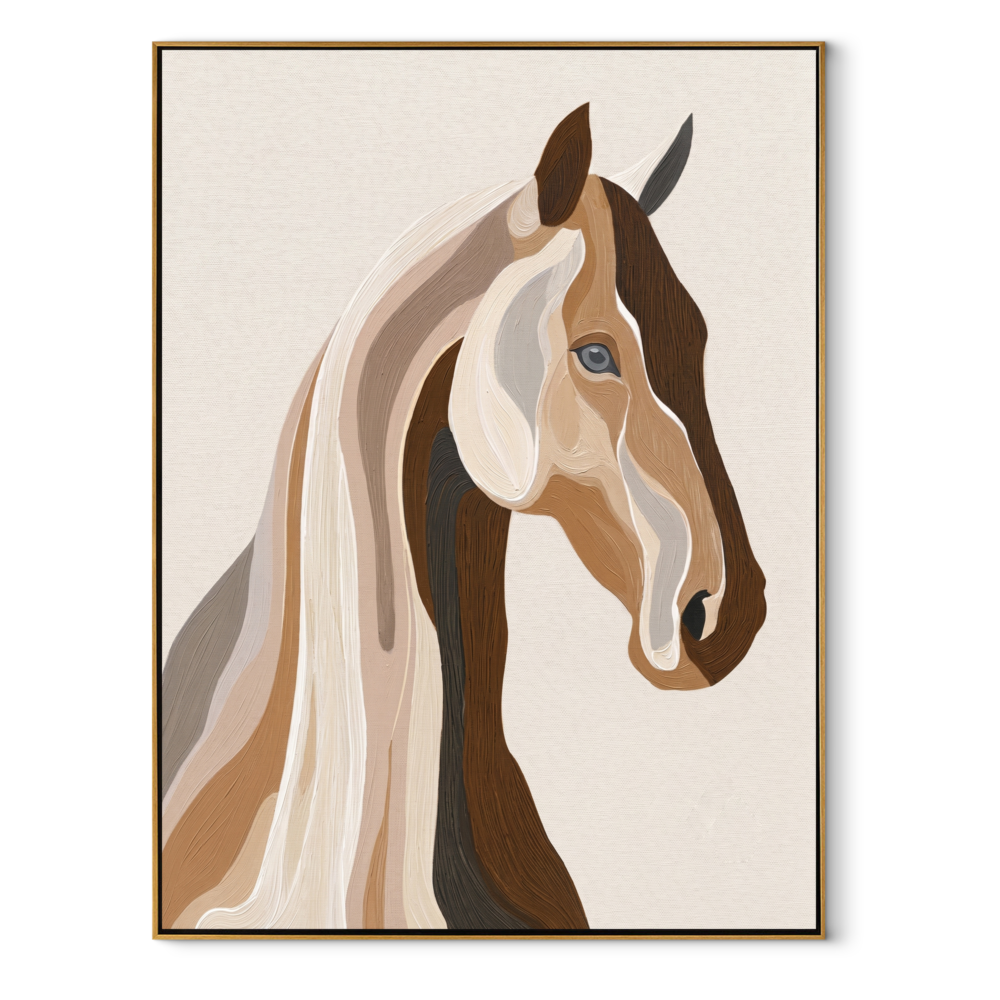 Two Profiles Share Breath - modern horse head portrait by Isabelle Laurent, modern Western vertical wall art – wood frame on white background