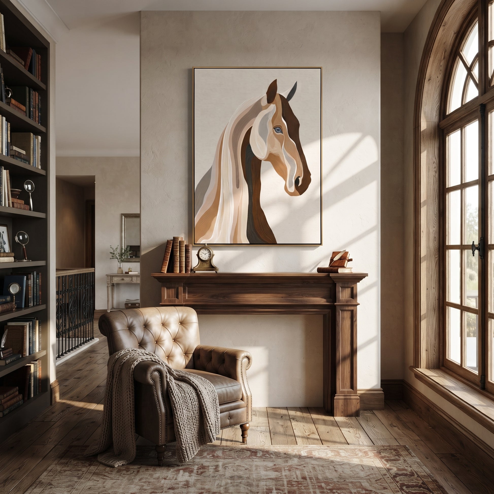 Two Profiles Share Breath - modern horse head portrait by Isabelle Laurent, modern Western vertical wall art – styled room scene view 2