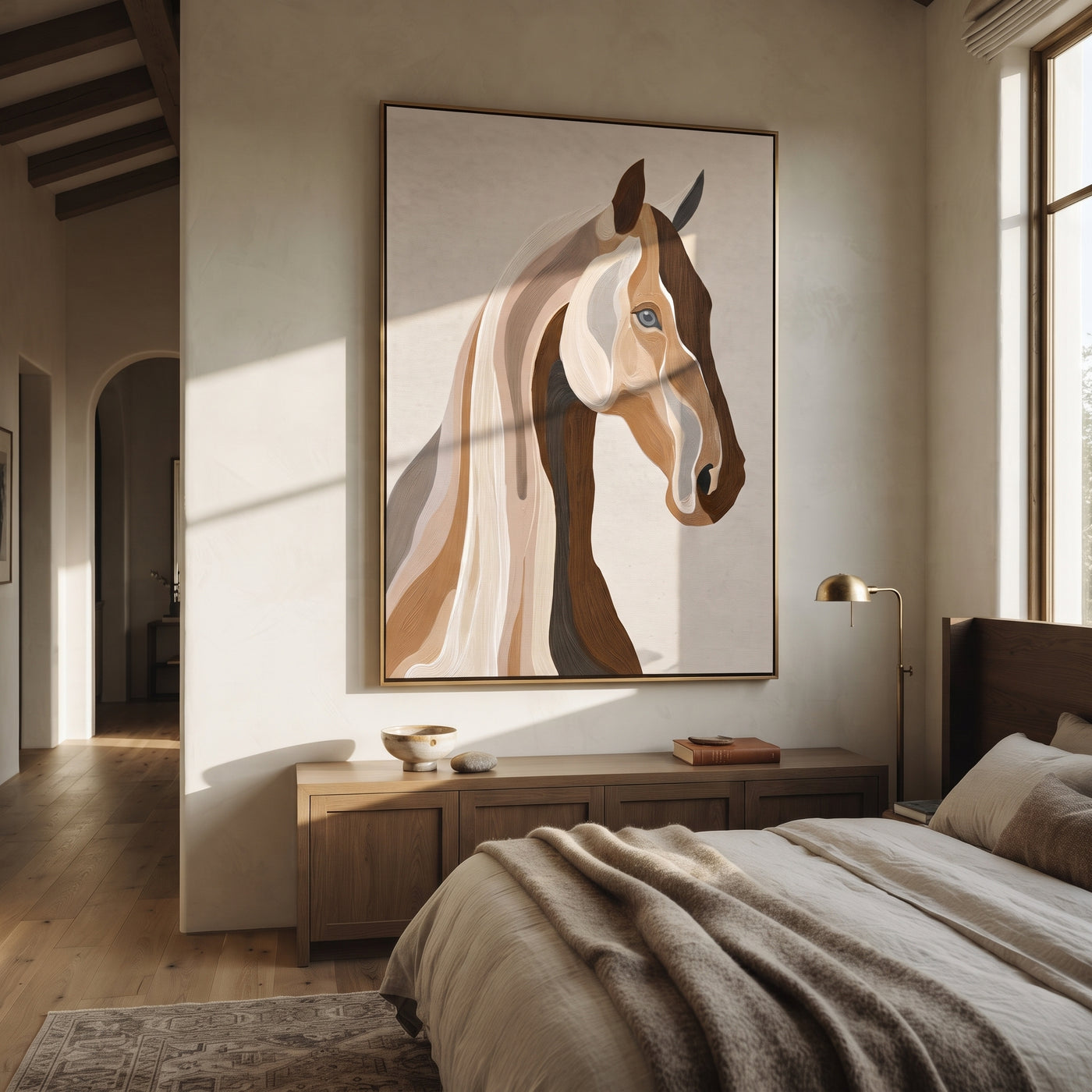 Two Profiles Share Breath - modern horse head portrait by Isabelle Laurent, modern Western vertical wall art – styled room scene view 3