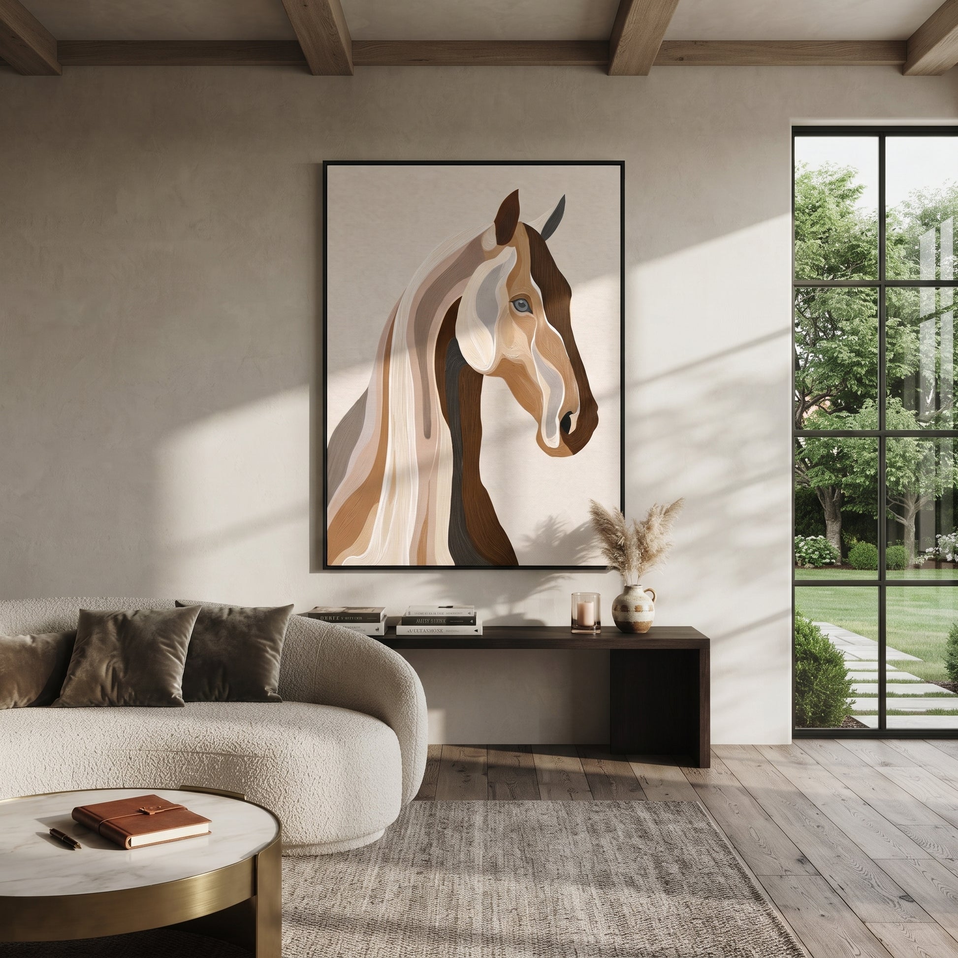 Two Profiles Share Breath - modern horse head portrait by Isabelle Laurent, modern Western vertical wall art – styled room scene view 4