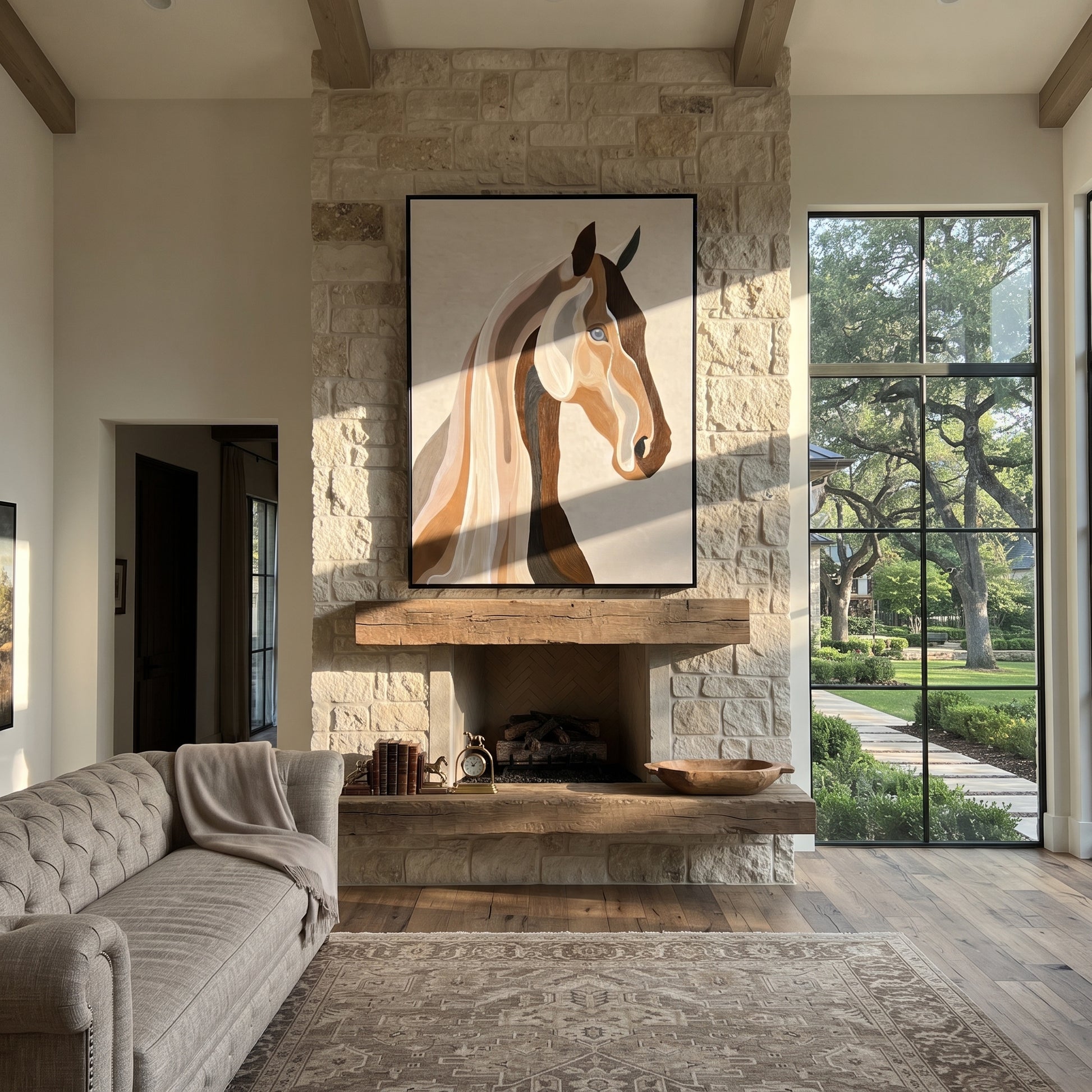 Two Profiles Share Breath - modern horse head portrait by Isabelle Laurent, modern Western vertical wall art – styled room scene view 5