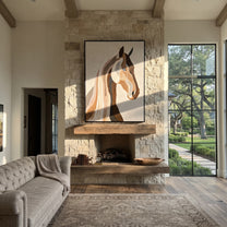 Two Profiles Share Breath - modern horse head portrait by Isabelle Laurent, modern Western vertical wall art – styled room scene view 5