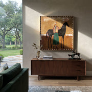 White Fence Holds Trust - horse handler folk painting by Isabelle Laurent, modern Western square wall art – styled room scene view 1