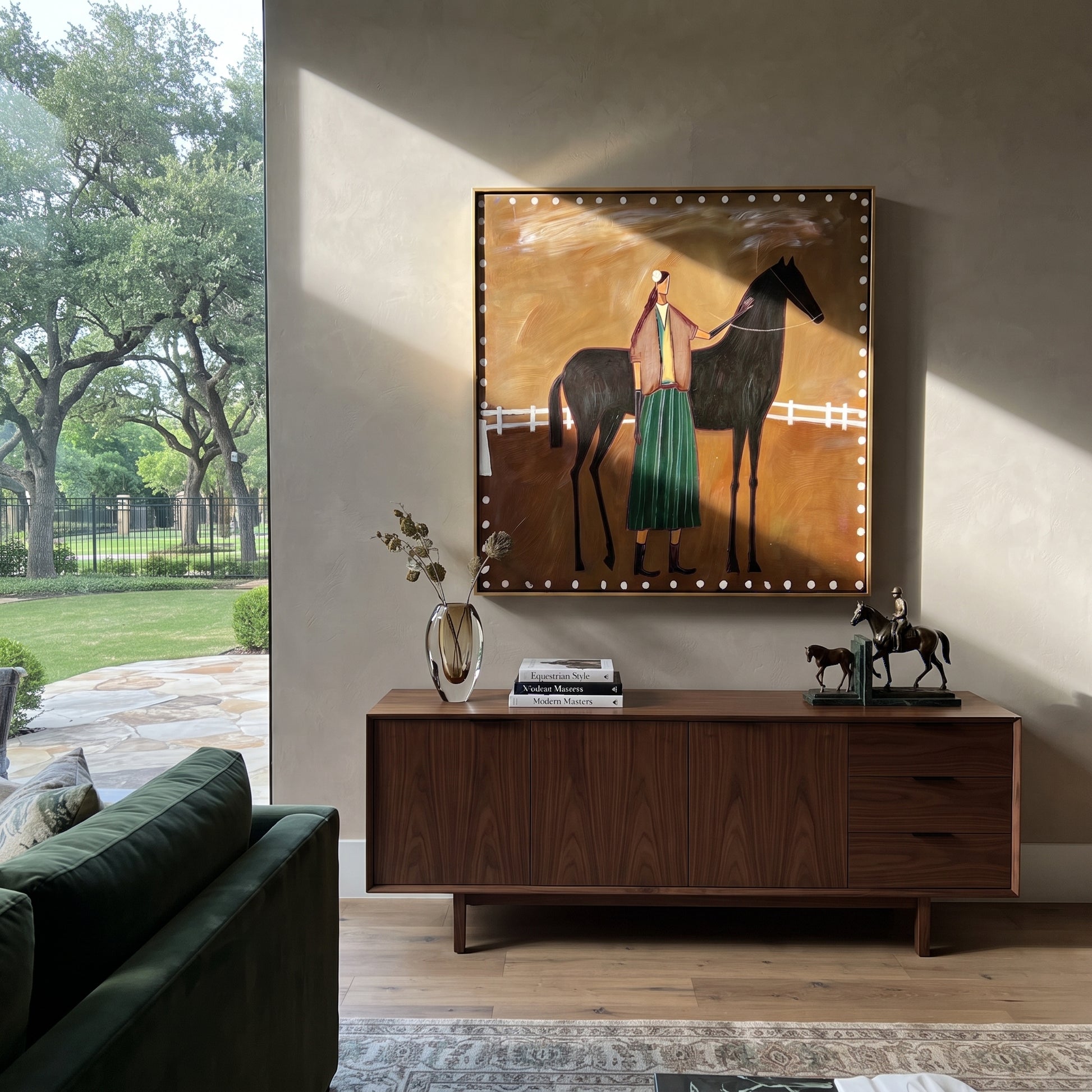 White Fence Holds Trust - horse handler folk painting by Isabelle Laurent, modern Western square wall art – styled room scene view 1