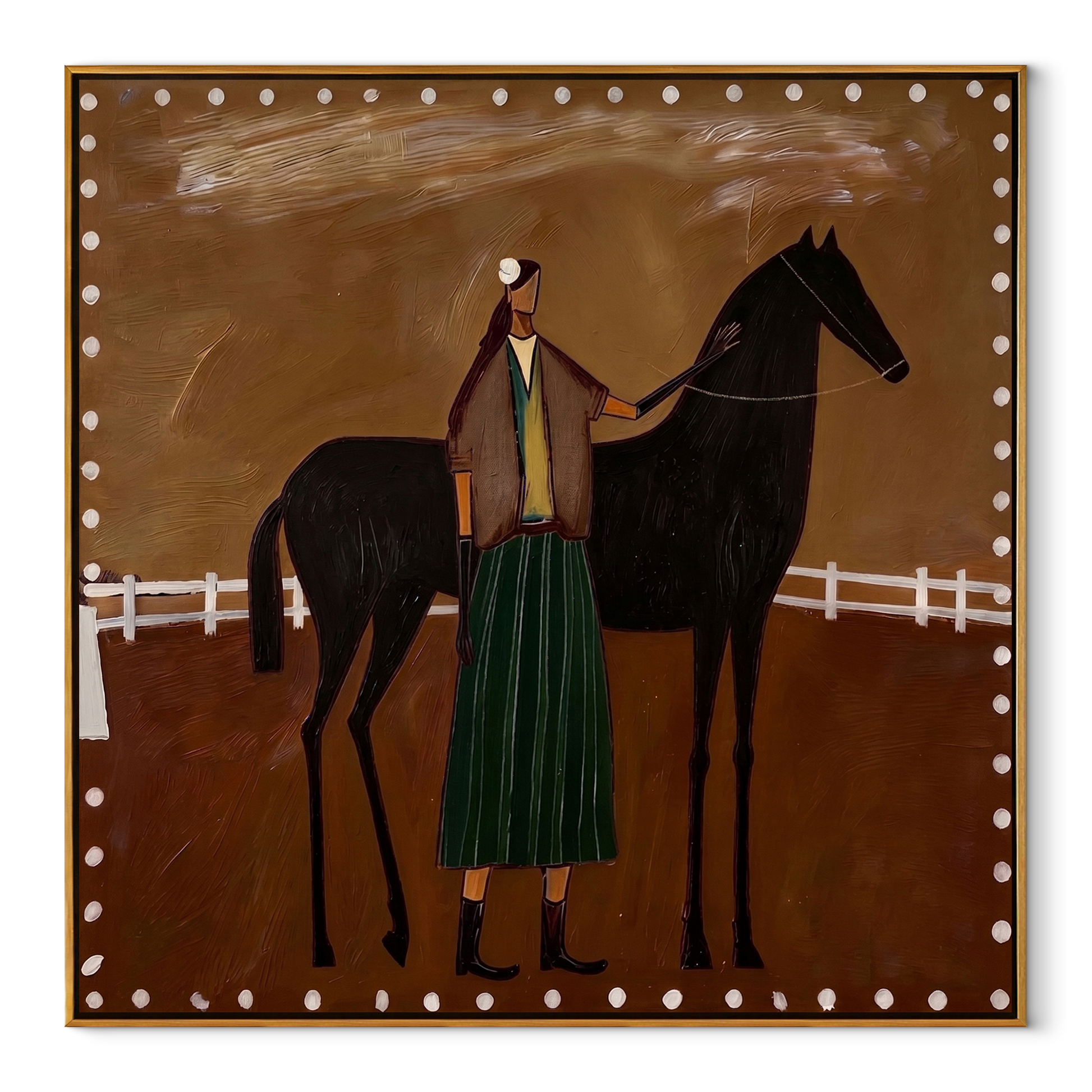 White Fence Holds Trust - horse handler folk painting by Isabelle Laurent, modern Western square wall art – wood frame on white background