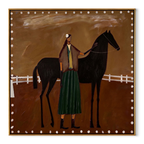White Fence Holds Trust - horse handler folk painting by Isabelle Laurent, modern Western square wall art – wood frame on white background
