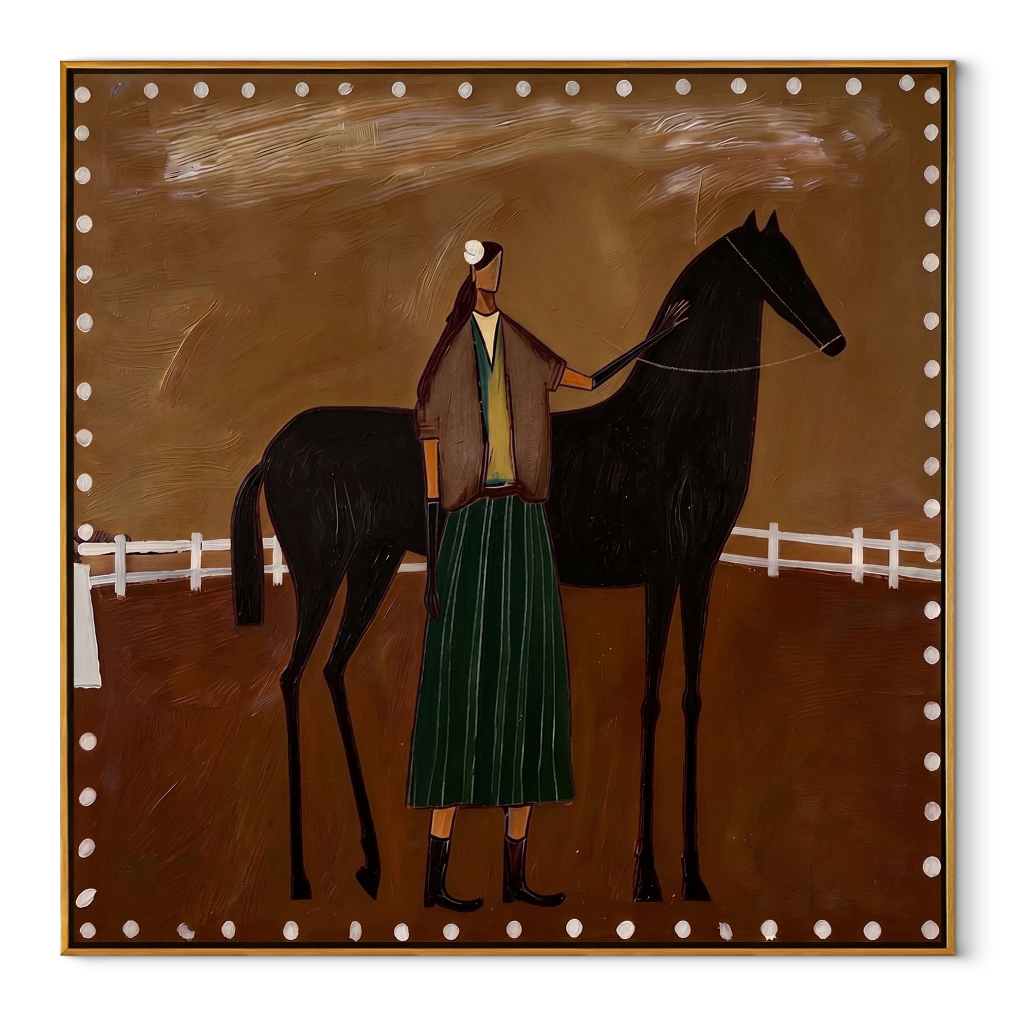 White Fence Holds Trust - horse handler folk painting by Isabelle Laurent, modern Western square wall art – wood frame on white background