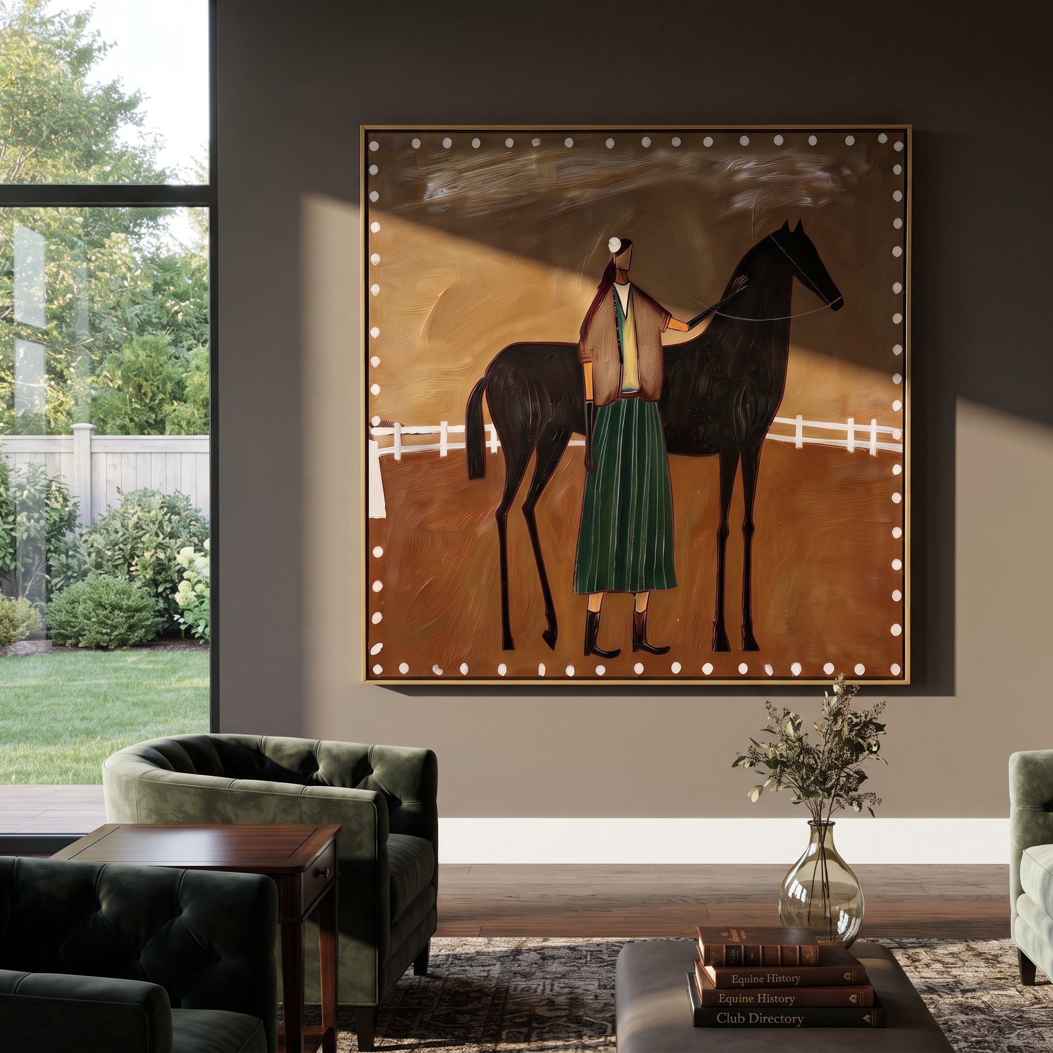 White Fence Holds Trust - horse handler folk painting by Isabelle Laurent, modern Western square wall art – styled room scene view 2
