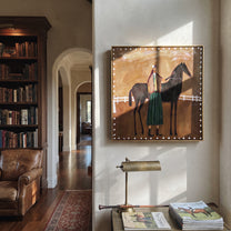 White Fence Holds Trust - horse handler folk painting by Isabelle Laurent, modern Western square wall art – styled room scene view 3