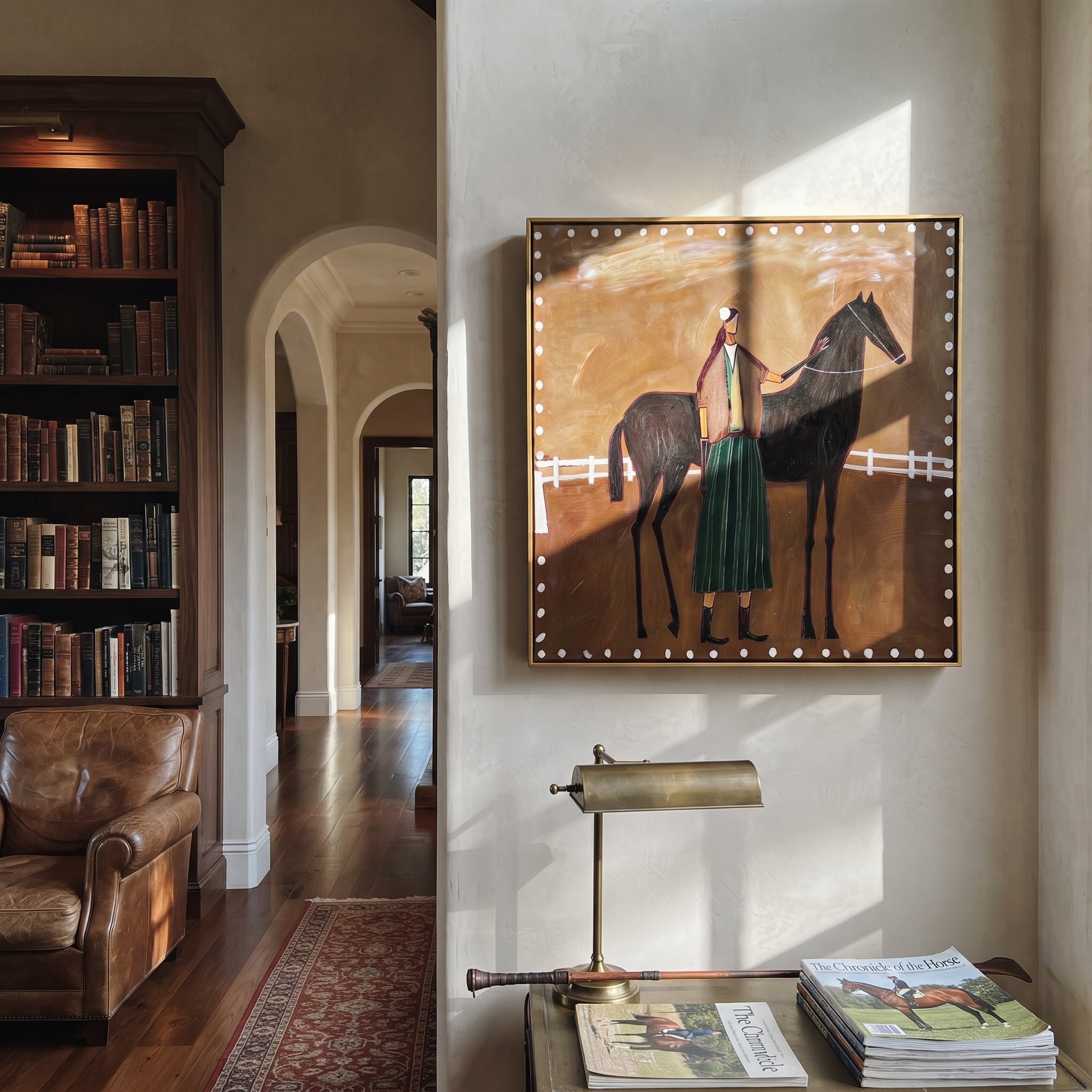 White Fence Holds Trust - horse handler folk painting by Isabelle Laurent, modern Western square wall art – styled room scene view 3