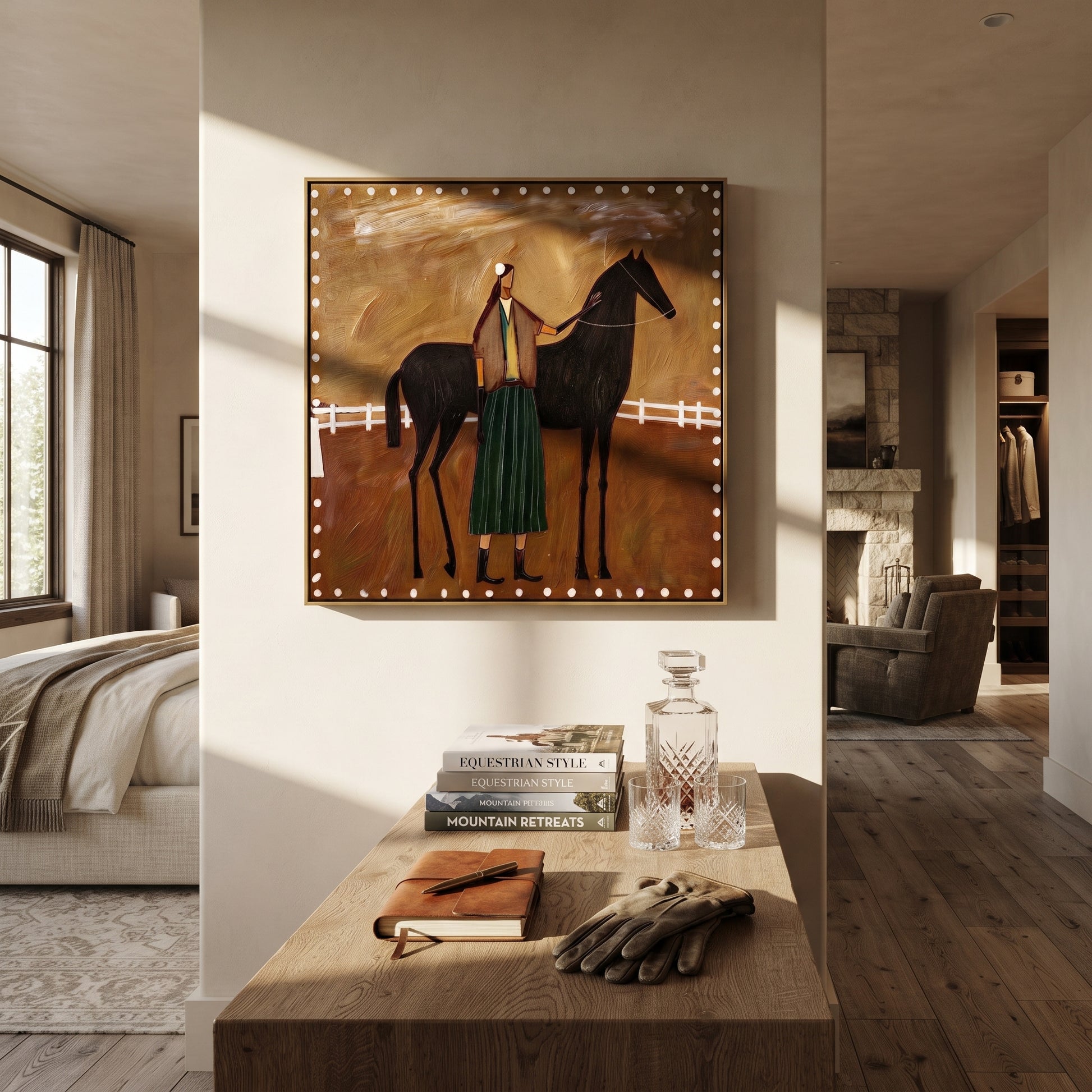 White Fence Holds Trust - horse handler folk painting by Isabelle Laurent, modern Western square wall art – styled room scene view 4