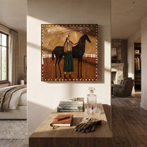 White Fence Holds Trust - horse handler folk painting by Isabelle Laurent, modern Western square wall art – styled room scene view 4