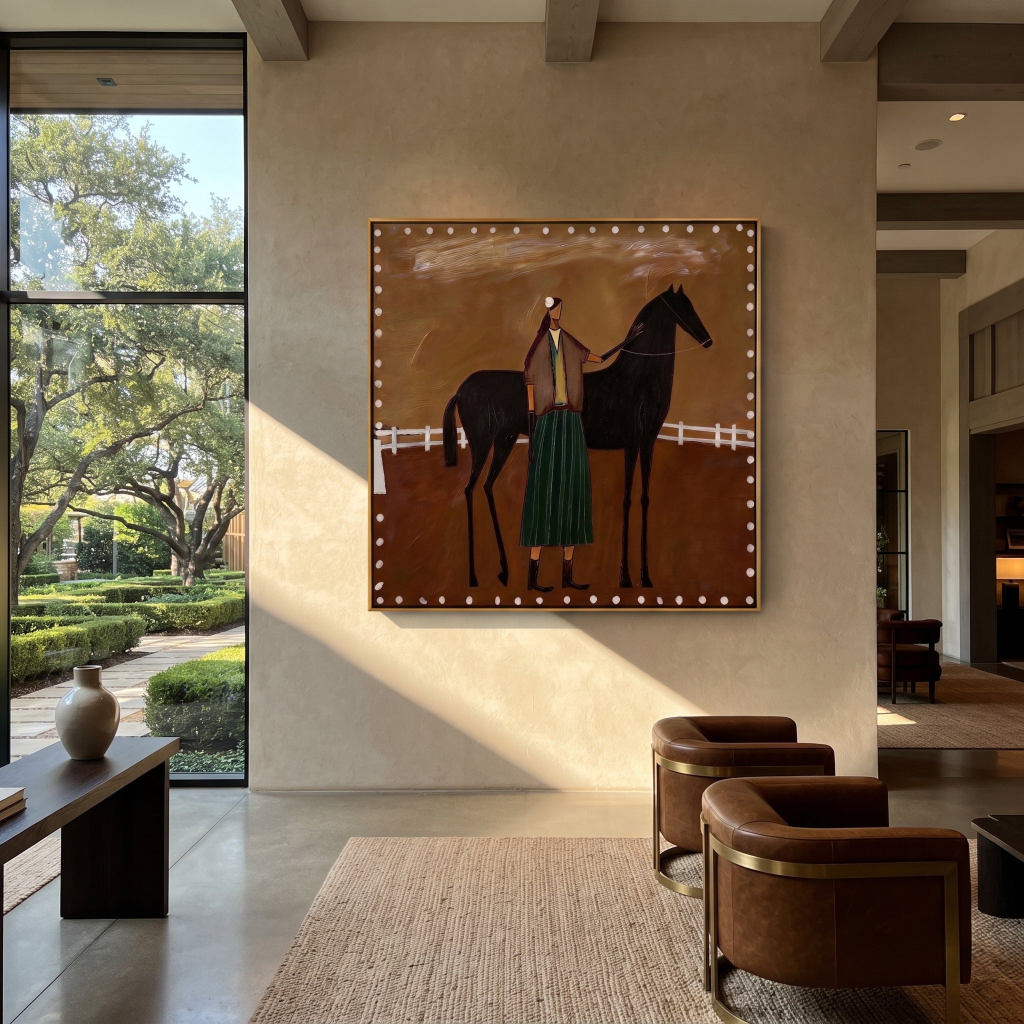 White Fence Holds Trust - horse handler folk painting by Isabelle Laurent, modern Western square wall art – styled room scene view 5