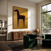 Three Glasses Wait Upright - black horse cocktail painting by Isabelle Laurent, modern Western vertical wall art – styled room scene view 1