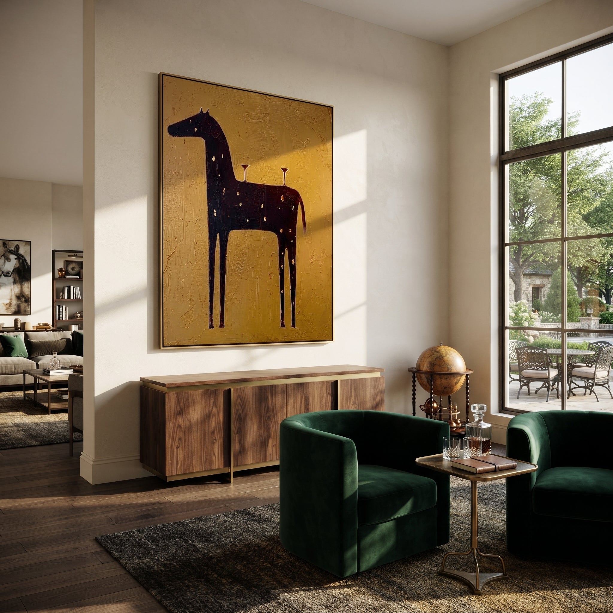 Three Glasses Wait Upright - black horse cocktail painting by Isabelle Laurent, modern Western vertical wall art – styled room scene view 1