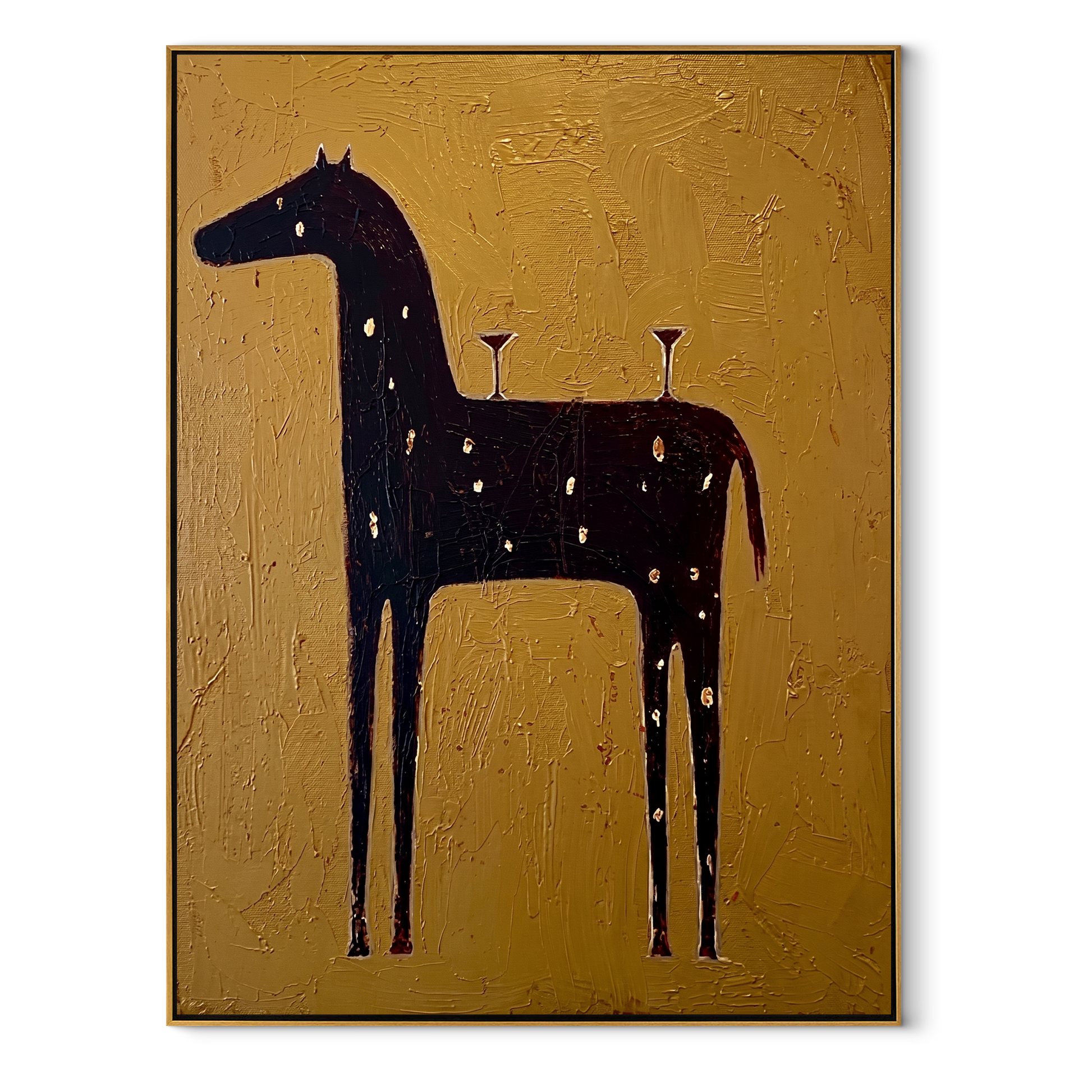 Three Glasses Wait Upright - black horse cocktail painting by Isabelle Laurent, modern Western vertical wall art – wood frame on white background