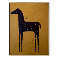 Three Glasses Wait Upright - black horse cocktail painting by Isabelle Laurent, modern Western vertical wall art – wood frame on white background