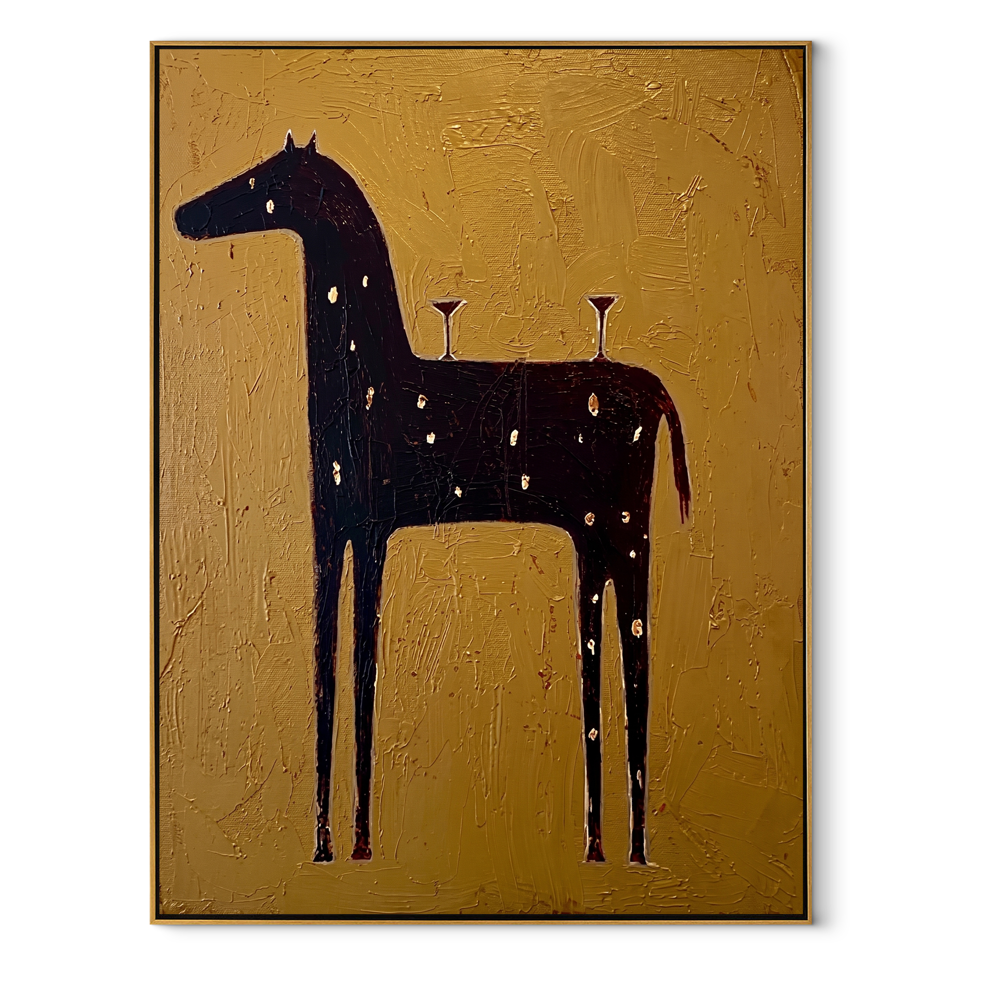 Three Glasses Wait Upright - black horse cocktail painting by Isabelle Laurent, modern Western vertical wall art – wood frame on white background